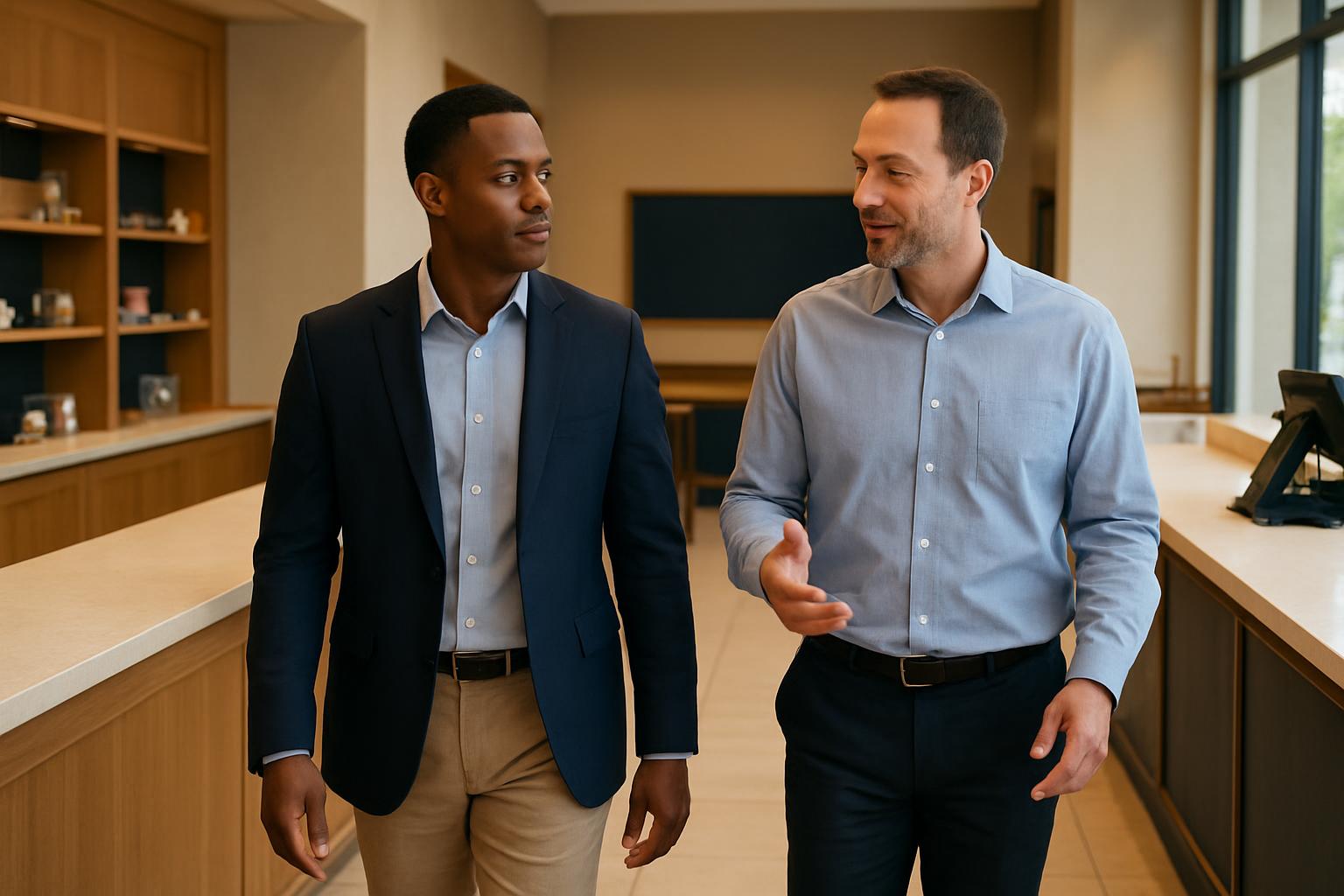 A prospective franchise owner touring a storefront with an experienced operator.