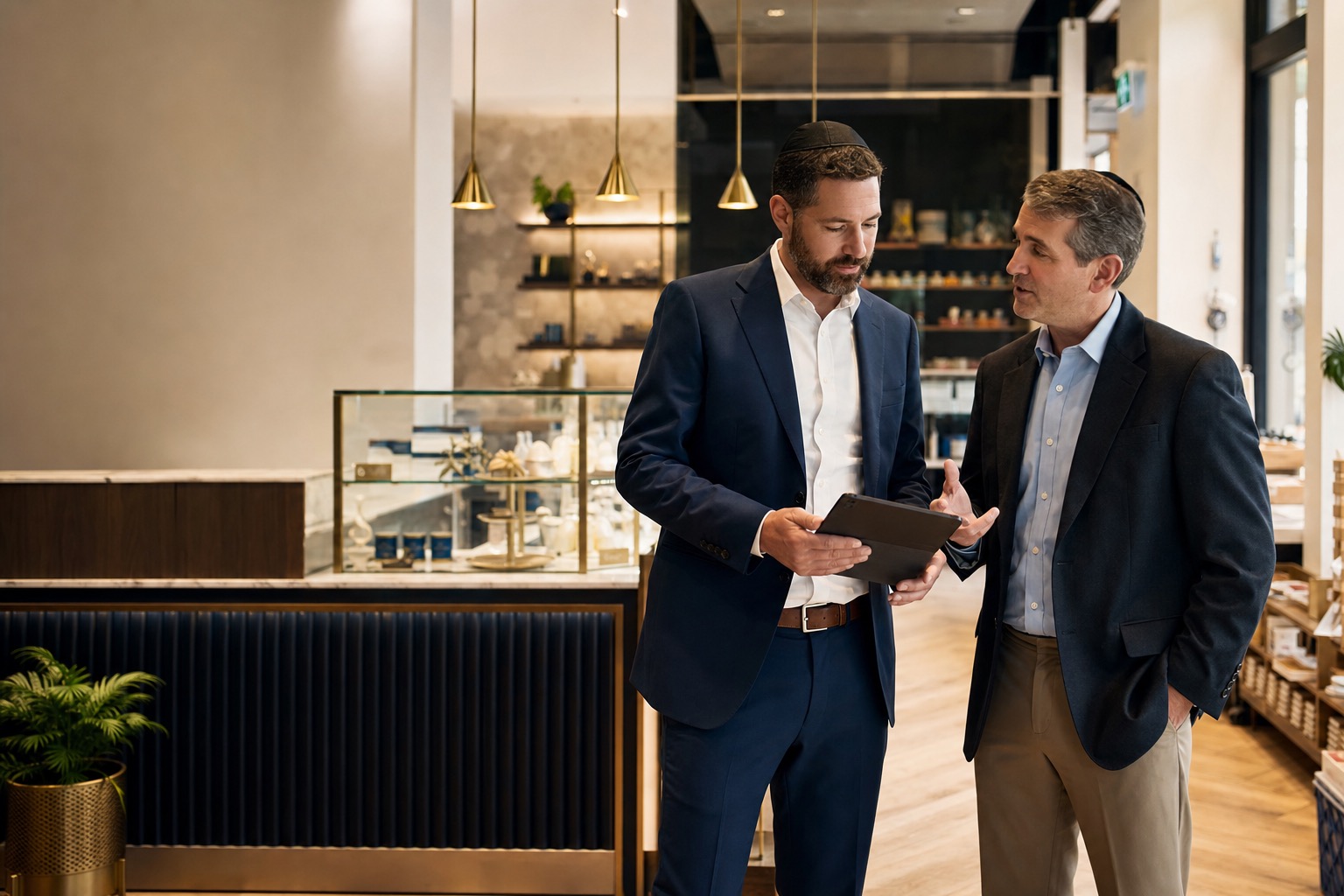 A franchise owner and advisor reviewing a business location together.